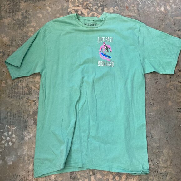 Skin and Bones Mens T-Shirt Surfer Graphic Skeleton Live Fast Ride Hard Tee 2XL - Picture 2 of 9